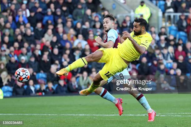 Saman Ghoddos of Brentford scores their team's first goal during the Premier League match between Burnley and Brentford at Turf Moor on October 30,...