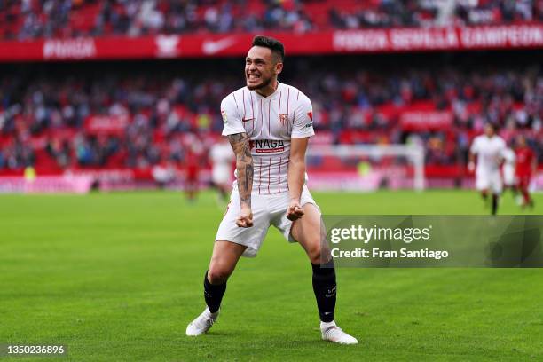 Lucas Ocampos of Sevilla celebrates scoring his sides second goal during the LaLiga Santander match between Sevilla FC and CA Osasuna at Estadio...