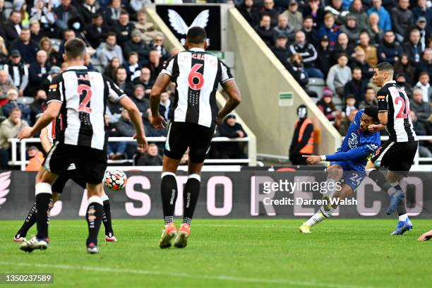 Reece James of Chelsea scores his sides second goal during the Premier League match between Newcastle United and Chelsea at St. James Park on October...