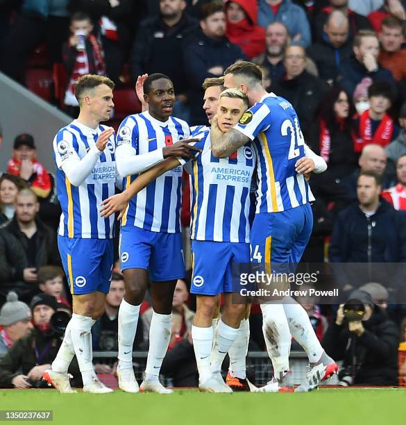 Brighton & Hove Albion's Leandro Trossard celebrates after scoring the second goal during the Premier League match between Liverpool and Brighton &...