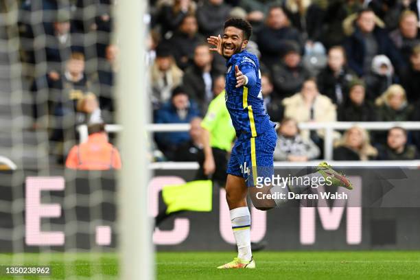 Reece James of Chelsea celebrates scoring his sides seconds goal during the Premier League match between Newcastle United and Chelsea at St. James...