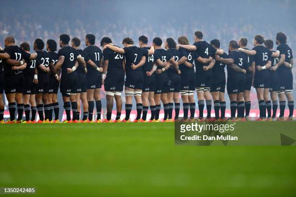 New Zealand stand for the national anthem prior to the Autumn International match between Wales and New Zealand at Principality Stadium on October...