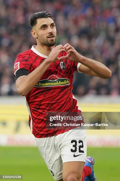 Vincenzo Grifo of SC Freiburg celebrates after scoring their side`s third goal during the Bundesliga match between Sport-Club Freiburg and SpVgg...