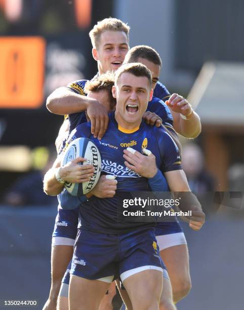 James Shillcock of Worcester Warriors celebrates scoring their first try during the Gallagher Premiership Rugby match between Worcester Warriors and...