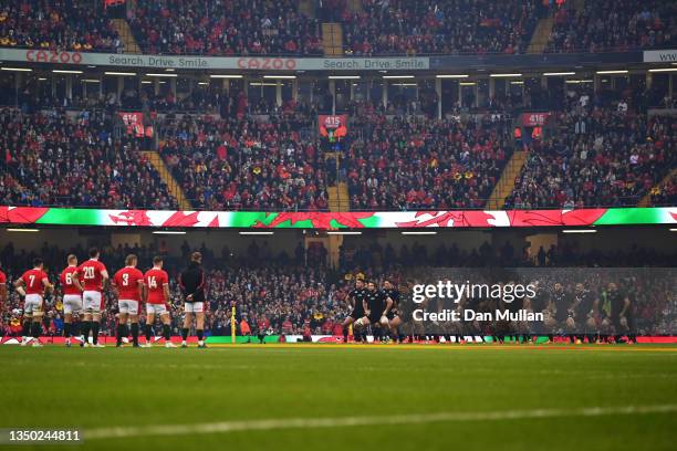 New Zealand perform the hakka during the Autumn International match between Wales and New Zealand at Principality Stadium on October 30, 2021 in...