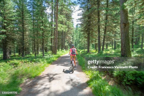 woman riding a bike in summer, engadin, switzerland. - fahrrad grün stock-fotos und bilder