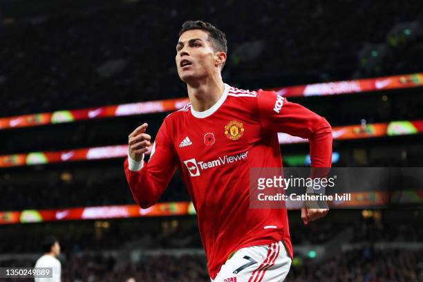 Cristiano Ronaldo of Manchester United celebrates scoring his sids first goal during the Premier League match between Tottenham Hotspur and...