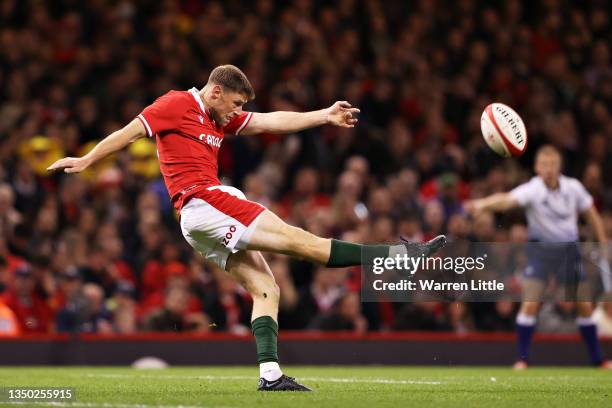 Rhys Priestland of Wales kicks a ball to touch during the Autumn International match between Wales and New Zealand at Principality Stadium on October...