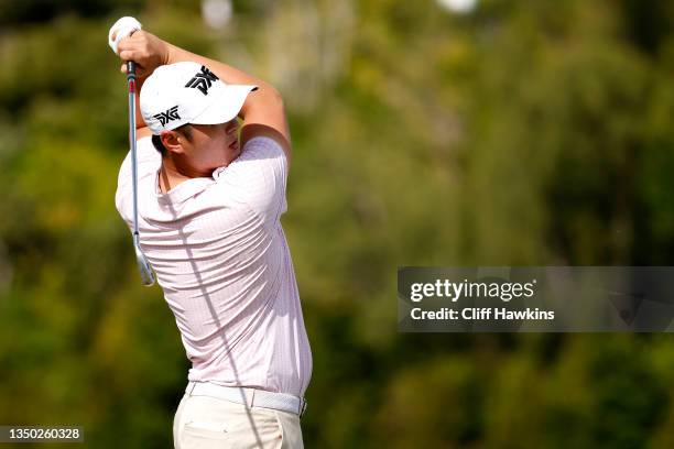 Danny Lee of New Zealand tees off on the the first hole during the third round of the Butterfield Bermuda Championship at Port Royal Golf Course on...
