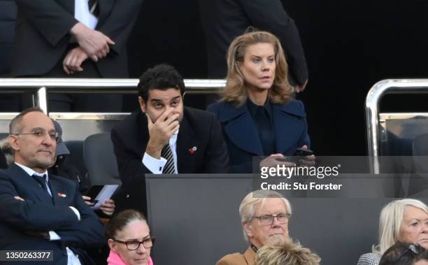 Amanda Staveley with her husband Mehrdad Ghodoussi react as the watch from the Directors Box during the Premier League match between Newcastle United...