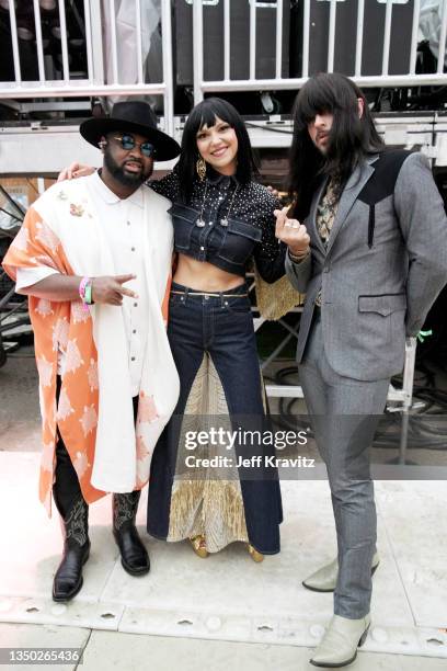 Donald Johnson Jr., Laura Lee, and Mark Speer of Khruangbin pose backstage at Lands End Stage during day 1 of the 2021 Outside Lands Music and Arts...