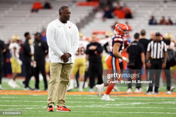 Head Coach Dino Babers of the Syracuse Orange looks on prior to a game against the Boston College Eagles at the Carrier Dome on October 30, 2021 in...