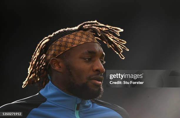 Newcastle player Allan Saint-Maximin looks on during the warm up before the Premier League match between Newcastle United and Chelsea at St. James...