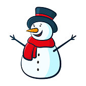 Beautiful cute snowman in hat and scarf icon. Cartoon character. Front and side views. Vector flat graphic hand drawn illustration. The isolated object on a white background. Isolate.