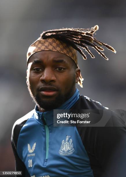 Newcastle player Allan Saint-Maximin looks on during the warm up before the Premier League match between Newcastle United and Chelsea at St. James...