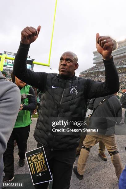 Head coach Mel Tucker of the Michigan State Spartans celebrates a 37-33 win over the Michigan Wolverines at Spartan Stadium on October 30, 2021 in...