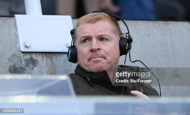 Former Celtic Manager Neil Lennon looks on during BBC Radio Duty during the Premier League match between Newcastle United and Chelsea at St. James...