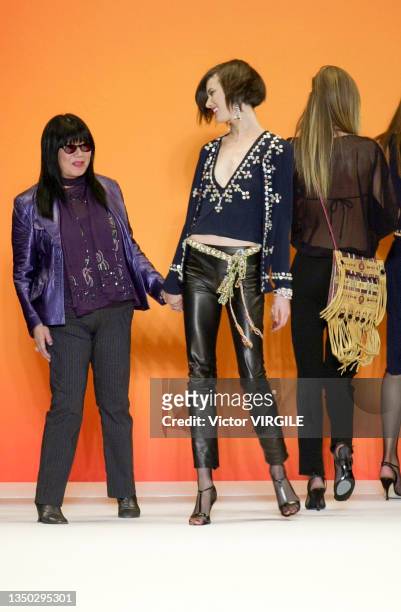 Fashion designer Anna Sui with Shalom Harlow walk the runway during the Anna Sui Ready to Wear Spring/Summer 2001 fashion show as part of the New...