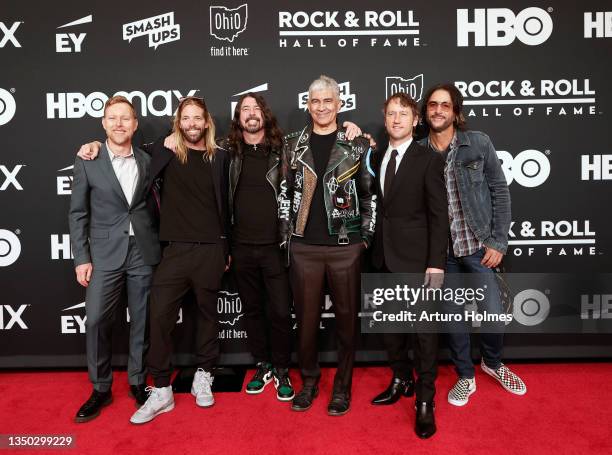 Nate Mendel, Taylor Hawkins, Dave Grohl, Pat Smear, Chris Shiflett and Rami Jaffee of Foo Fighters attend the 36th Annual Rock & Roll Hall Of Fame...