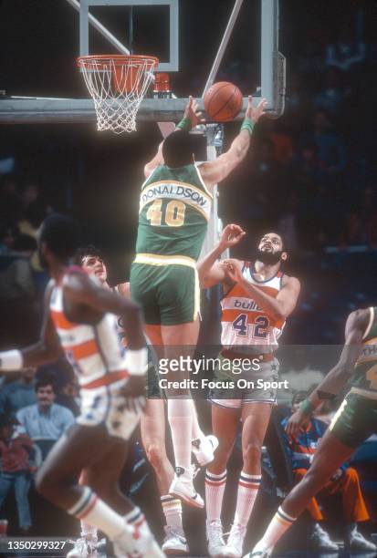 James Donaldson of the Seattle Supersonics in action against the Washington Bullets during an NBA basketball game circa 1982 at the Capital Centre in...