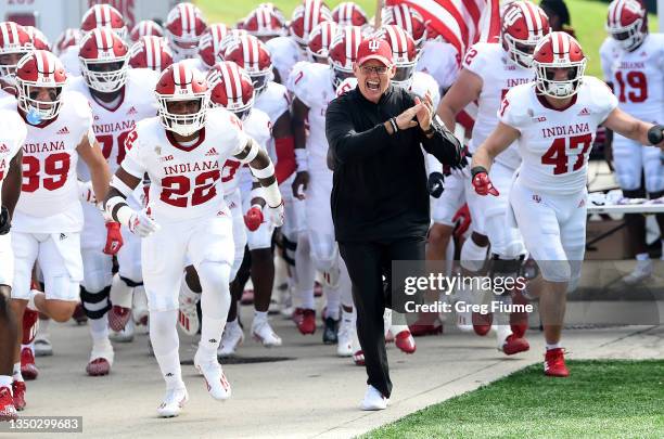 Head coach Tom Allen of the Indiana Hoosiers leads his team onto the field before the game against the Maryland Terrapins at Capital One Field at...