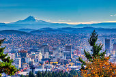 Portland Oregon skyline with Mt. Hood in Autumn