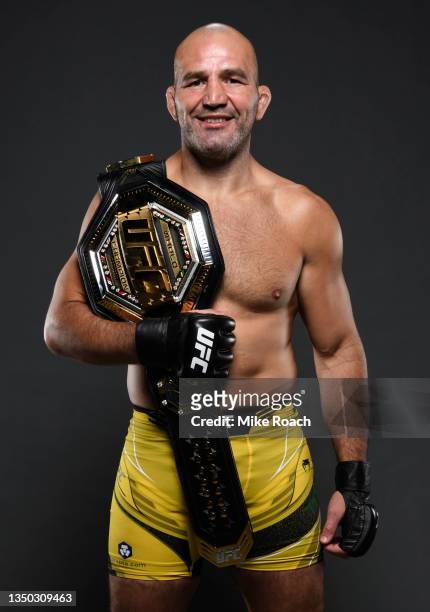 Glover Teixeira of Brazil poses for a portrait after his victory during the UFC 267 event at Etihad Arena on October 30, 2021 in Yas Island, Abu...