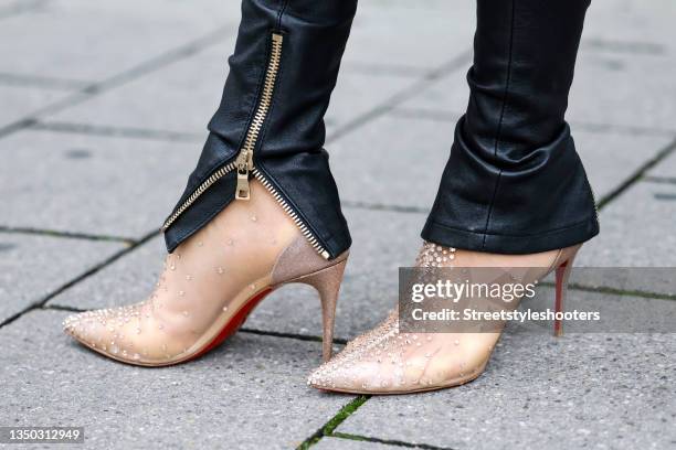 High heel booties with strass stones by Louboutin as a detail of presenter and influencer Elke Hofmann, during a street style shooting on October 30,...