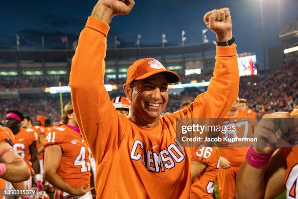 Head coach Dabo Swinney of the Clemson Tigers celebrates after defeating the Florida State Seminoles 30-20 after their game at Clemson Memorial...