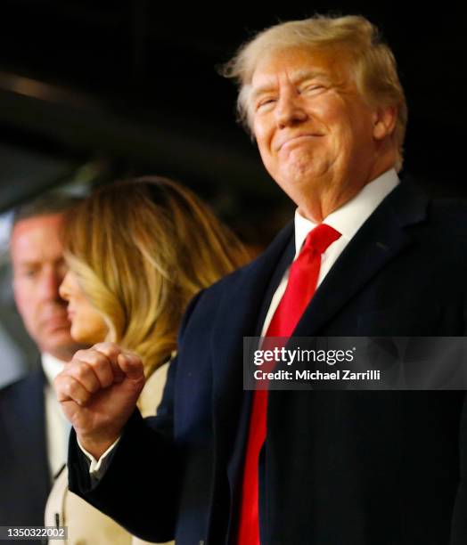 Former president of the United States Donald Trump waves prior to Game Four of the World Series between the Houston Astros and the Atlanta Braves...