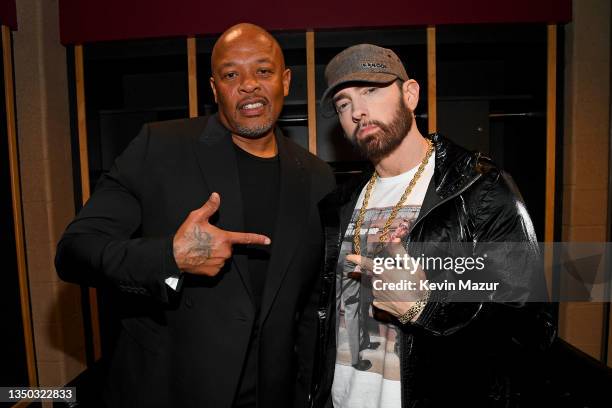 Dr. Dre and Eminem pose backstage during the 36th Annual Rock & Roll Hall Of Fame Induction Ceremony at Rocket Mortgage Fieldhouse on October 30,...