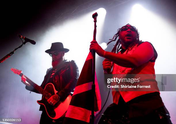 Benji Webbe and Michael Fry of Skindred perform at Manchester Academy on October 30, 2021 in Manchester, England.