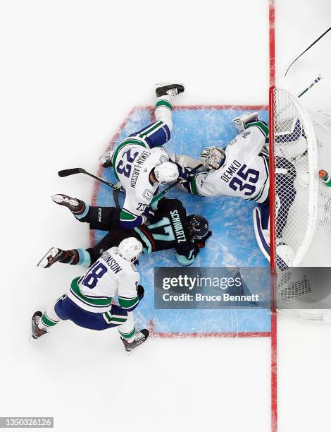 Jaden Schwartz of the Seattle Kraken skates against the Vancouver Canucks during the franchise's inaugural home game at the Climate Pledge Arena on...