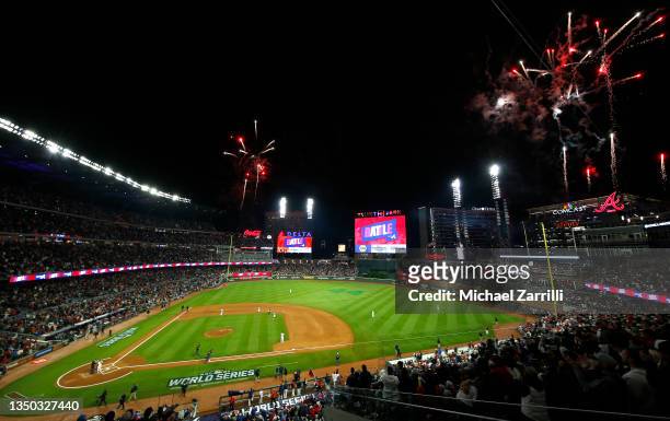 View of Truist Park during the national anthem prior to Game Four of the World Series between the Houston Astros and the Atlanta Braves on October...