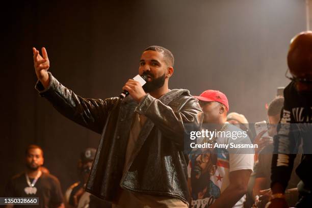 Drake speaks onstage during Drake's Till Death Do Us Part rap battle on October 30, 2021 in Long Beach, California.