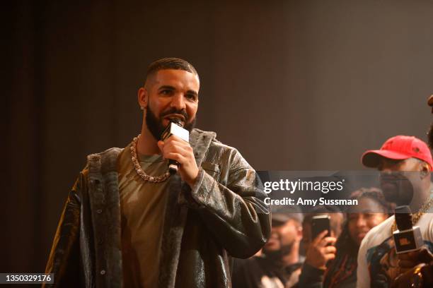 Drake speaks onstage during Drake's Till Death Do Us Part rap battle on October 30, 2021 in Long Beach, California.