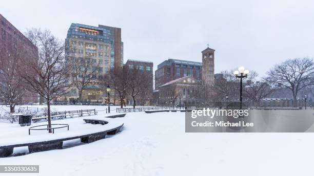 snow covered grounds in new york's washington square park - washington square park stock pictures, royalty-free photos & images