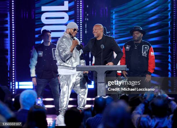 Dr. Dre presents the Award for Musical Excellence to LL Cool J during the 36th Annual Rock & Roll Hall Of Fame Induction Ceremony at Rocket Mortgage...