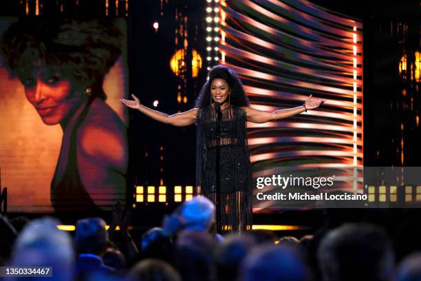 Angela Bassett inducts Tina Turner onstage during the 36th Annual Rock & Roll Hall Of Fame Induction Ceremony at Rocket Mortgage Fieldhouse on...