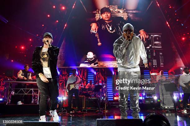 Eminem and LL Cool J perform onstage during the 36th Annual Rock & Roll Hall Of Fame Induction Ceremony at Rocket Mortgage Fieldhouse on October 30,...