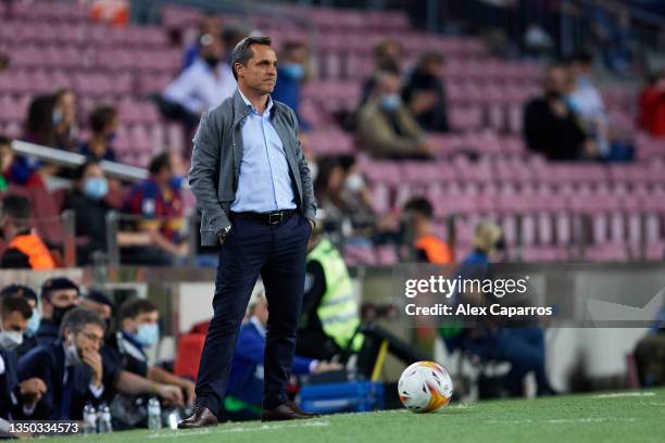 Interim Head Coach Sergi Barjuan of FC Barcelona looks on during the La Liga Santander match between FC Barcelona and Deportivo Alaves at Camp Nou on...