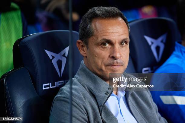 Interim Head Coach Sergi Barjuan of FC Barcelona looks on prior to the La Liga Santander match between FC Barcelona and Deportivo Alaves at Camp Nou...