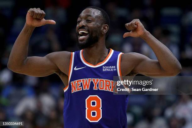 Kemba Walker of the New York Knicks reacts after scoring a three point basket during the fourth quarter of a NBA game against the New Orleans...