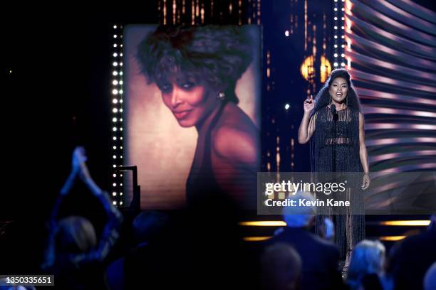 Angela Bassett inducts Tina Turner onstage during the 36th Annual Rock & Roll Hall Of Fame Induction Ceremony at Rocket Mortgage Fieldhouse on...