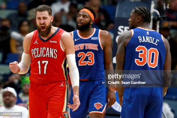 Jonas Valanciunas of the New Orleans Pelicans reacts after scoring a basket during the third quarter of a NBA game against the New York Knicks at...