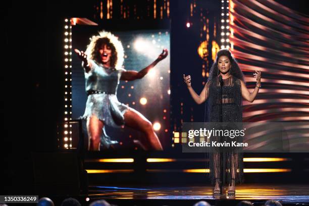 Angela Bassett inducts Tina Turner onstage during the 36th Annual Rock & Roll Hall Of Fame Induction Ceremony at Rocket Mortgage Fieldhouse on...