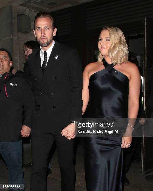Harry Kane and Katie Goodland seen leaving Pride of Britain Awards at Grosvenor House on October 30, 2021 in London, England.