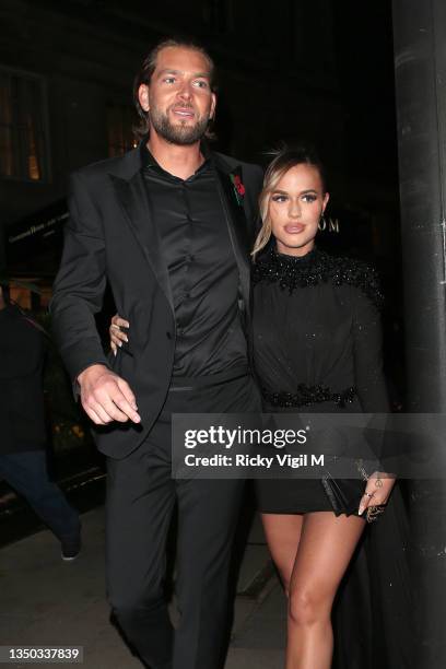 Lewis Burton and Lottie Tomlinson seen leaving Pride of Britain Awards at Grosvenor House on October 30, 2021 in London, England.