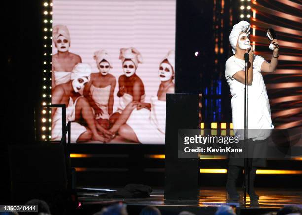 Drew Barrymore inducts The Go-Gos onstage during the 36th Annual Rock & Roll Hall Of Fame Induction Ceremony at Rocket Mortgage Fieldhouse on October...