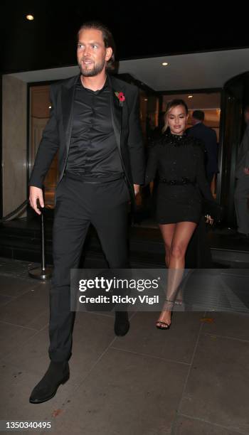 Lewis Burton and Lottie Tomlinson seen leaving Pride of Britain Awards at Grosvenor House on October 30, 2021 in London, England.